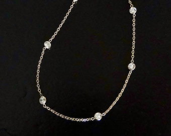 Cubic Zirconia Station Necklace, Gold Filled Diamonds By The Yard, Adjustable 16" to 18" Inch Length - Great Gift