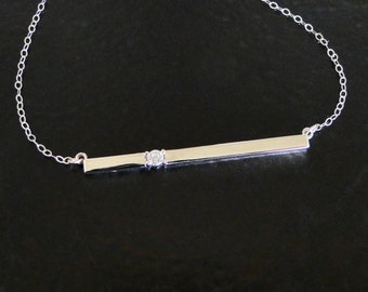 14K Gold Bar Necklace With Diamond - Horizontal Stick Necklace, Celebrity Style - Cameron Diaz