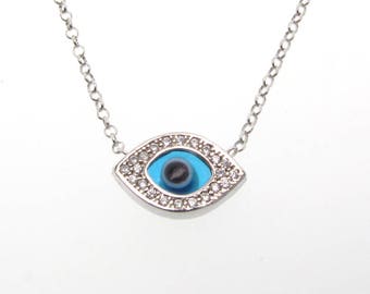 Evil Eye Necklace, Sterling Silver Pendant With Swarovski Crystals And Blue Glass Eye, Adjustable Chain