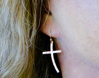 Curved Hammered Cross Earrings, Handcrafted Cross Dangles, Pair 14K Gold Filled, Sterling Silver, Rose Gold Filled, Or 14K Gold