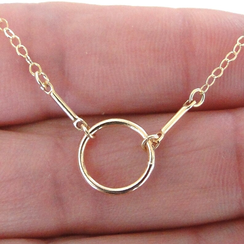 Gold Circle Outline Necklace Gold Filled or Sterling Silver Karma Necklace 10mm Circle And Bar Necklace Simple And Modern