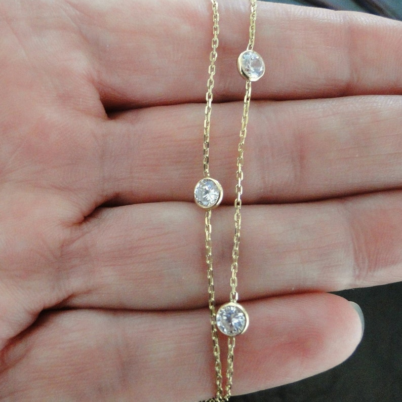 Cubic Zirconia Station Necklace 14K Gold Diamonds by the Etsy