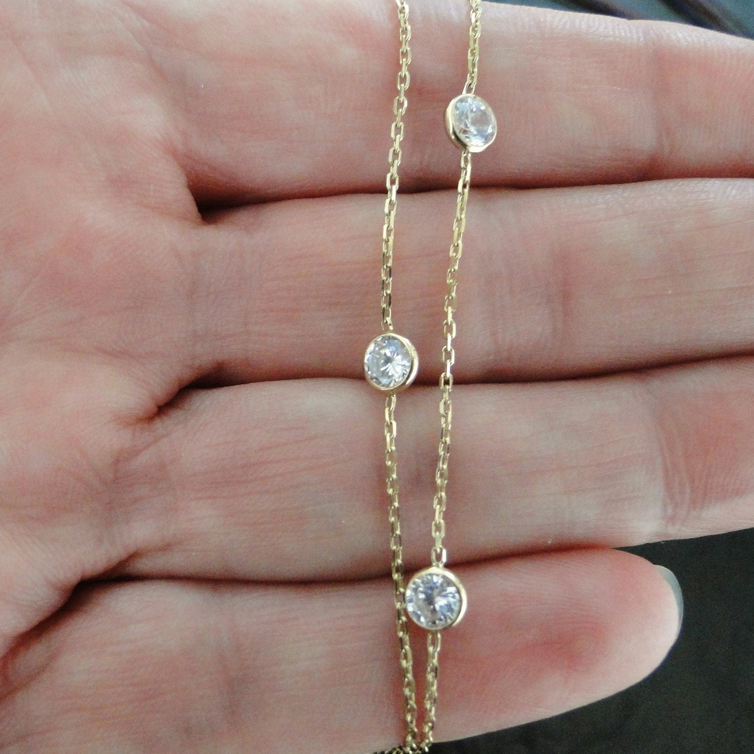 Cubic Zirconia Station Necklace 14K Gold Diamonds by the Etsy
