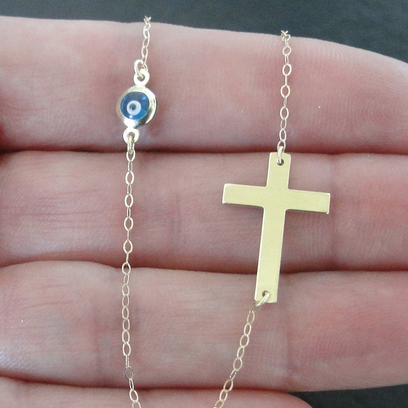14K Solid Gold Sideways Cross Necklace With Small Evil Eye image 3