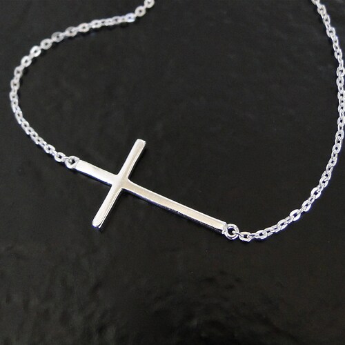 Sterling Silver Sideways Cross With Black Cord