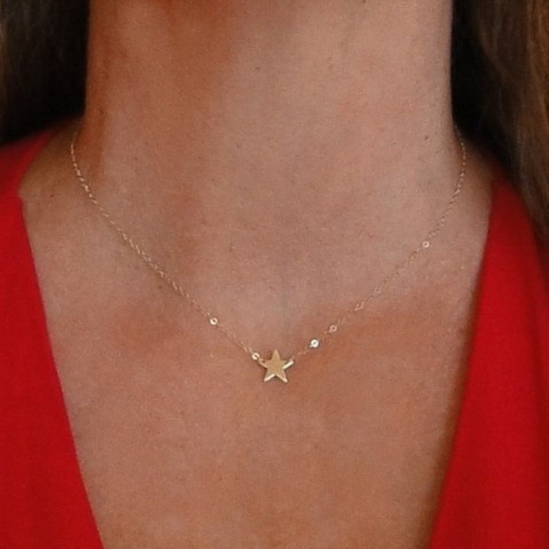 Seen On Kelly Ripa and Lea Michelle 14K Gold Sideways Star Layering Necklace or Choker 14K Yellow White Rose Gold Tiny Gold Star Necklace