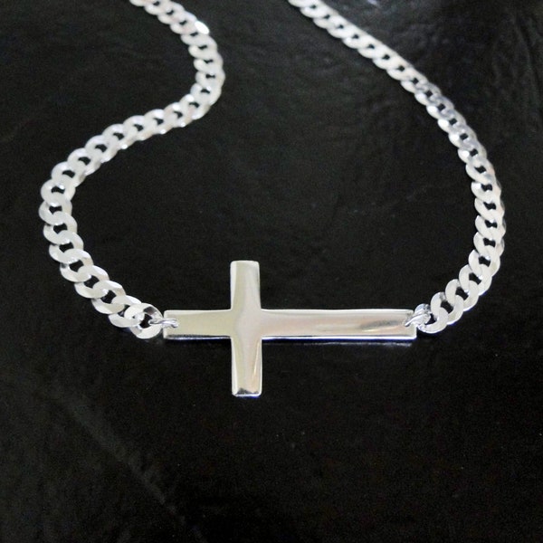 Men's Sideways Cross Necklace - On A Heavy 5mm Sterling Silver Curb Chain, Centered or Off Center, Cross Necklace For Man, Unisex