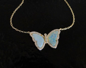 Butterfly Necklace With Opal and CZ, Adjustable to 18" Vermeil Gold Chain, Sweet And Romantic Layering Necklace