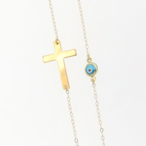 14K Solid Gold Sideways Cross Necklace With Small Evil Eye image 1