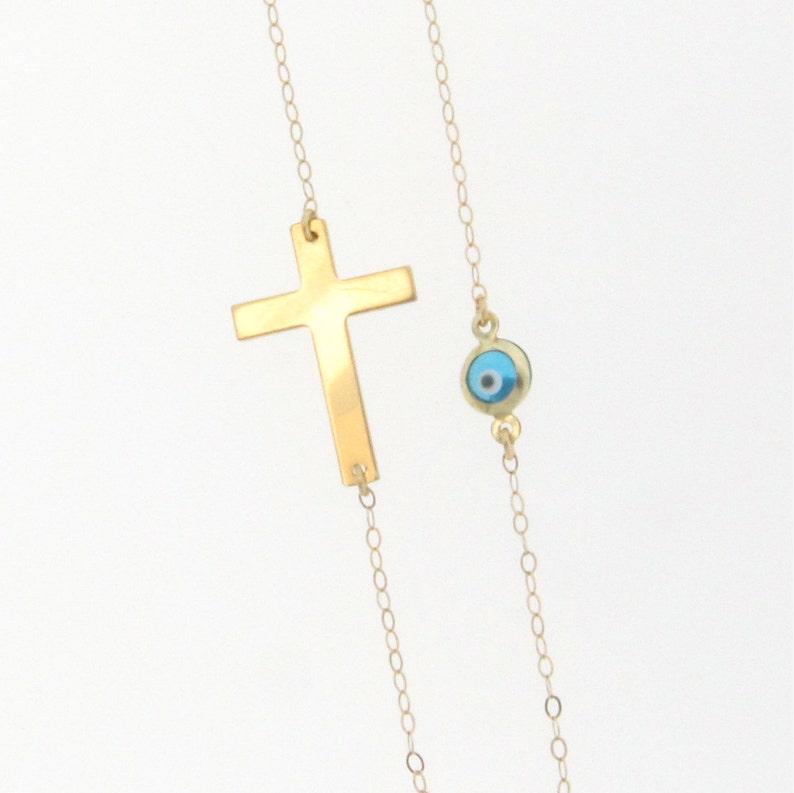 14K Solid Gold Sideways Cross Necklace With Small Evil Eye image 1