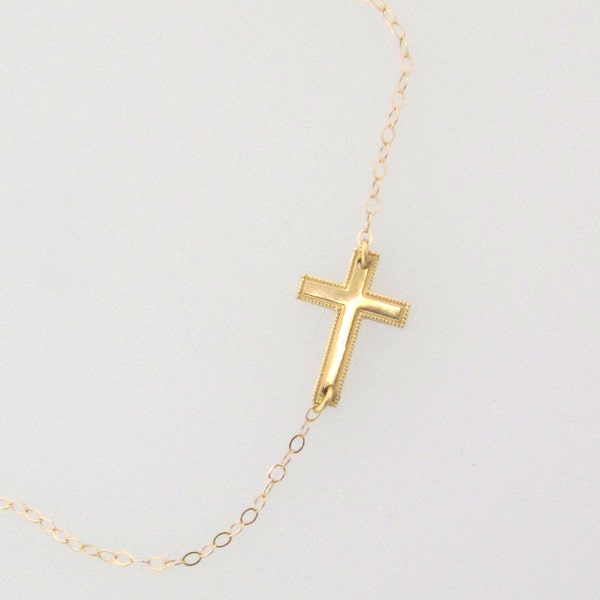 Tiny Sideways Cross Necklace - 14K Yellow Gold or White Gold Horizontal Cross, Jennifer Lopez Style