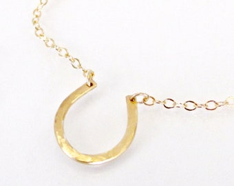 Lucky Horseshoe Necklace - 14K Gold - Yellow, White, or Rose Gold - Hand Forged, Hammered - Celebrity Jewelry