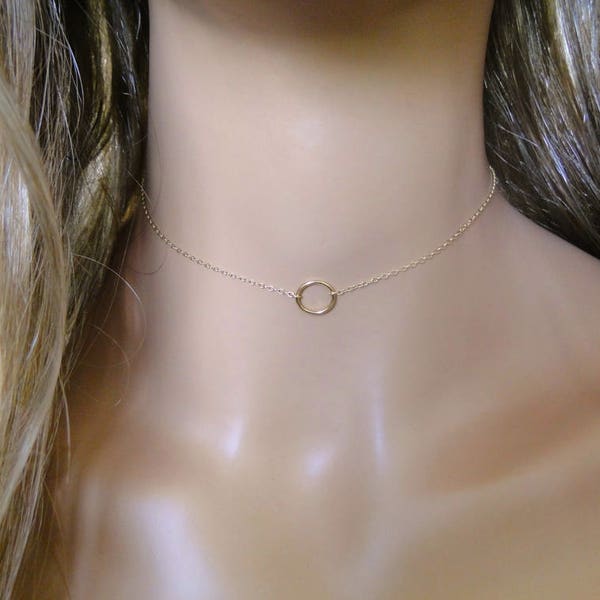 Circle Choker Necklace Gold, 14K Yellow or White Gold Eternity Necklace, Infinity, Small 10mm Solitary Circle, Layering Necklace, Karma