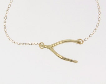 Gold Wishbone Necklace - 14k Gold Sideways or as Pendant Lucky Wishbone - Celebrity Style, as Seen on Jennifer Anniston