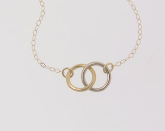 Interlocking Circles Necklace - Double Circle Tiny 14K Gold 8mm Rings, Yellow, Rose, White Gold, or Two Tone Eternity Necklace