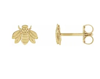 Bees, 14K Tiny Bee Ear Studs, Stud Earrings in 14K Yellow, Rose, or White Gold