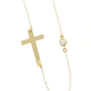 14K Solid Gold Sideways Cross Necklace With Small Evil Eye image 4