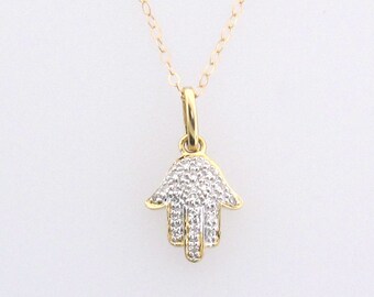 Hamsa Hand Necklace - 14K Gold And Diamond Necklace  - Yellow, White, or Rose Gold