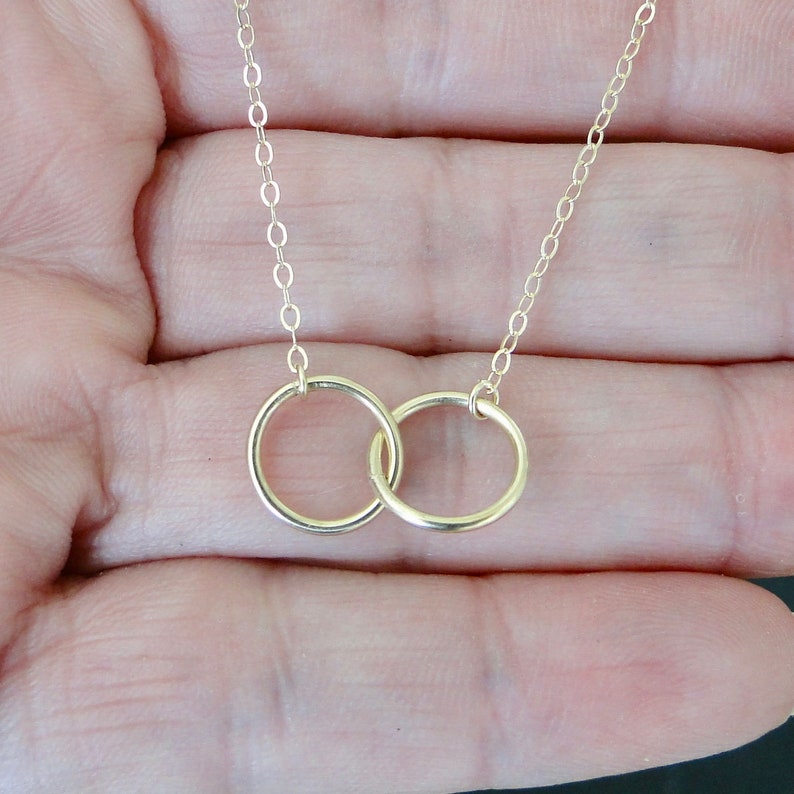 Interlocking Circles Necklace Double 10mm Rings in 14K Yellow, White Gold, or TWO Tone 1mm Thick Rings image 4