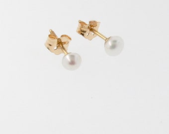 Tiny Button Pearl Stud Earrings, 14k Gold, Threaded Backs for Safety - Perfect Gift For Any Age, Especially Youth & Babies