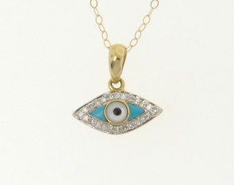 Evil Eye Necklace 14K Gold And Diamonds, Set With Turquoise And Mother of Pearl -  White Gold, or Rose Gold