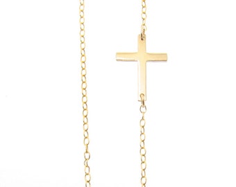 Tiny Sideways Cross Necklace - Off Center, Gold Filled, Sterling Silver, or Rose Gold Filled, Horizontal Cross, Jennifer Lopez Style