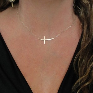 Sideways Cross Necklace, 14K Gold Curved, Hammered Cross Yellow, White or Rose Gold Curved or Straight image 2