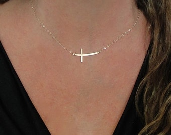 Curved Hammered Cross Necklace Gold, Handcrafted Sideways Cross, 14K Gold Filled, Sterling Silver, Rose Gold Filled, Or 14K Gold