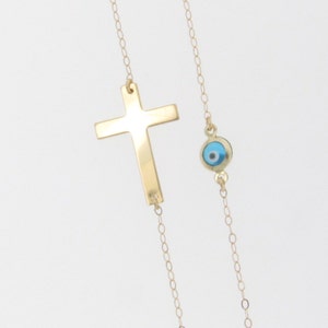 14K Solid Gold Sideways Cross Necklace With Small Evil Eye image 2