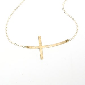 Sideways Cross Necklace, 14K Gold Curved, Hammered Cross Yellow, White or Rose Gold Curved or Straight image 1