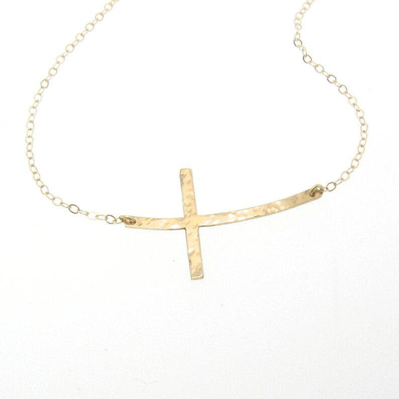 Sideways Cross Necklace, 14K Gold Curved, Hammered Cross Yellow, White or Rose Gold Curved or Straight image 1