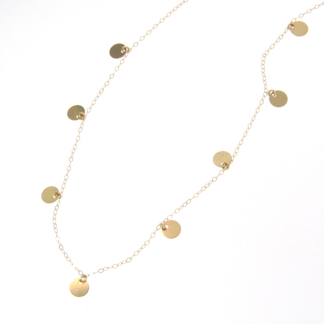 Small Disc Necklace 14K Yellow or White Gold Coin Charms Floating Dots
