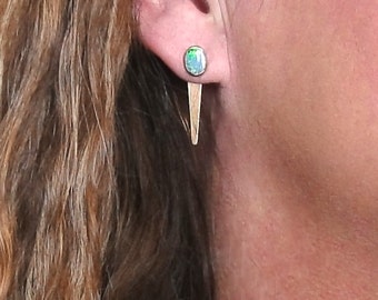 Opal Stud Earrings, Gold Spike Ear Jackets or Gold Lightning Bolt Ear Jackets, Exclusive Design By Theresa Mink