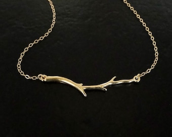 Gold Branch Necklace - 14K Yellow Gold Bar Necklace