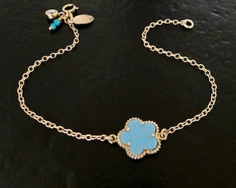 Gold Bracelet - Turquoise Charms, CZ Drop, Gold Filled Layering Bracelet - Flower Power