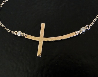 Curved Hammered Cross Necklace 14k Gold With Genuine Diamonds - Or Without Diamonds - Yellow, White, or Rose Gold, Handcrafted Cross