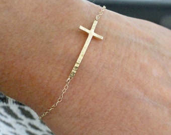 Gold Cross Bracelet - 14k Gold Sleek Sideways Cross Bracelet - Hammered and Curved - Dainty, Elegant Layering Bracelet