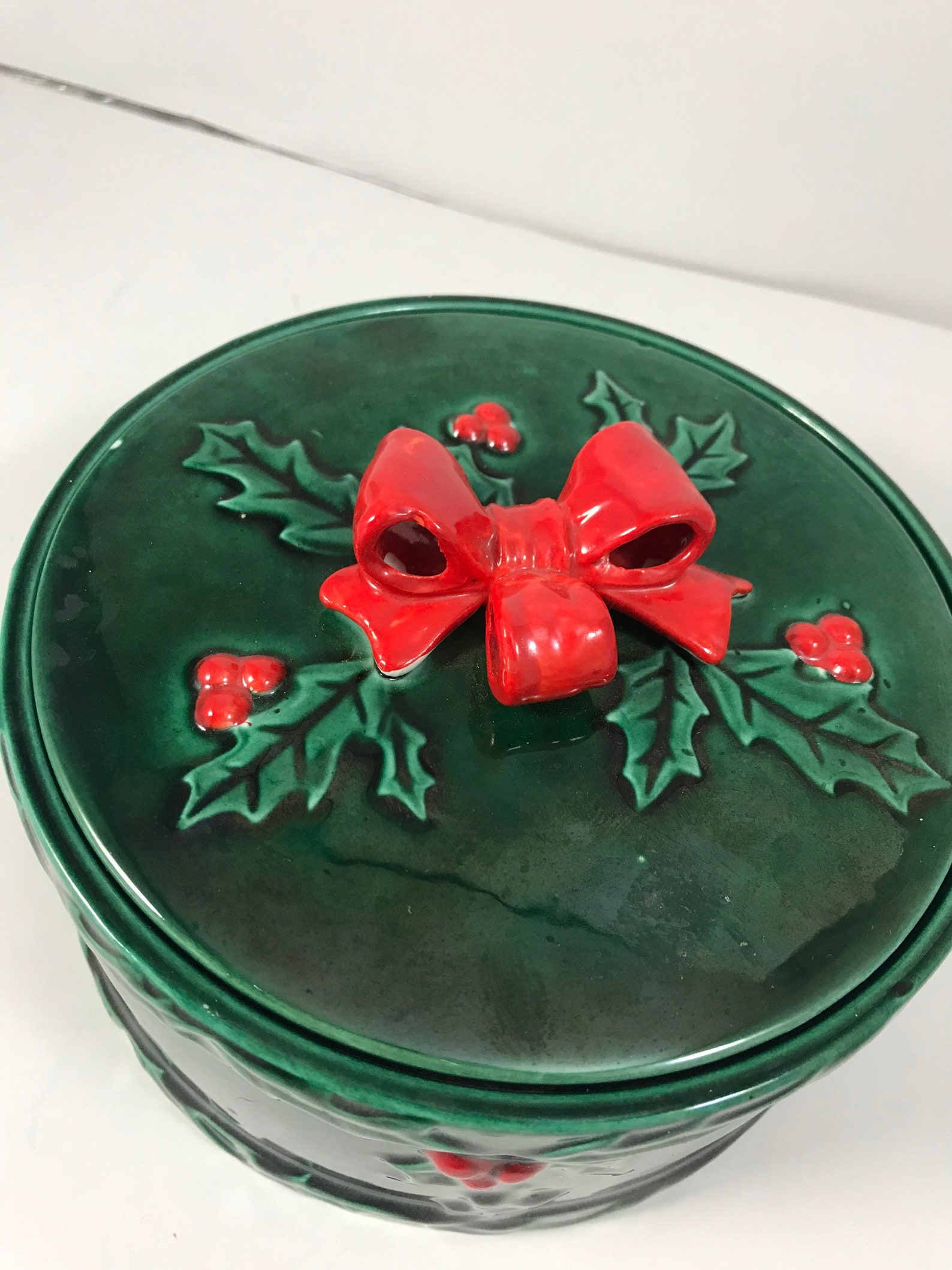 Lefton China Christmas Holy pattern Candy dish with lid round Etsy