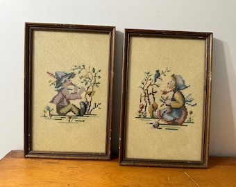 Set of 2 Vintage framed needlepoint children wall hanging black cross stitch embroidery vintage farmhouse deco