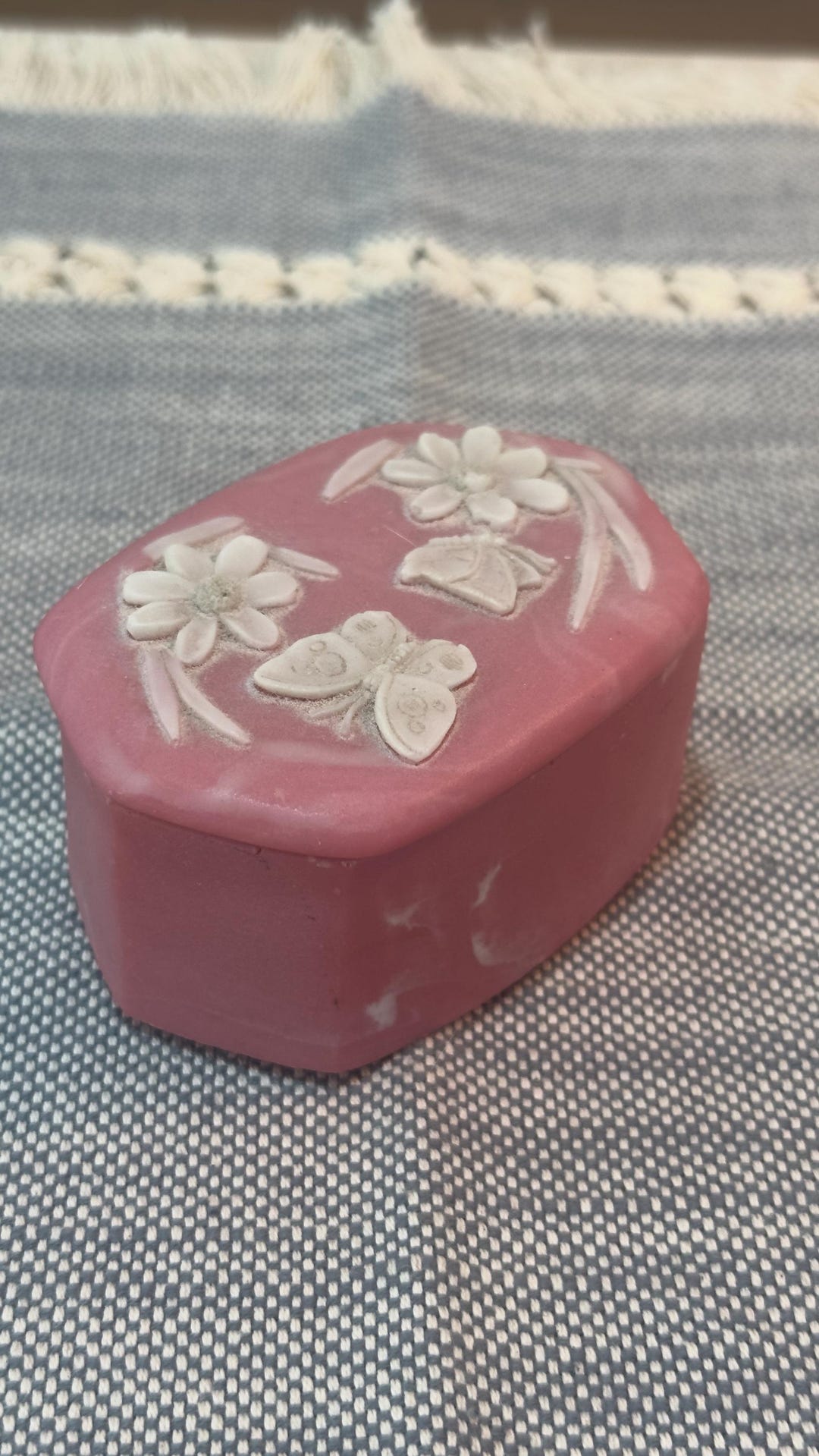 Pink Incolay Box Vintage Incolay Stone Trinket Box Pink W/raised Floral Butterfly’s ...