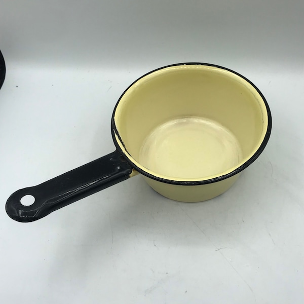 Enamelware small pot vintage yellow enamel wear 2 cup Rare color