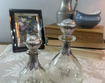 Two Vintage perfume decanters Glass Bottles With Sterling Silver Overlay Barker and Daysh British