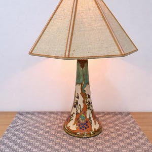 May include: A decorative table lamp with a beige linen lampshade and a colorful ceramic base. The base features a floral design with shades of blue, orange, and green. The lamp is placed on a patterned gray and white table runner.