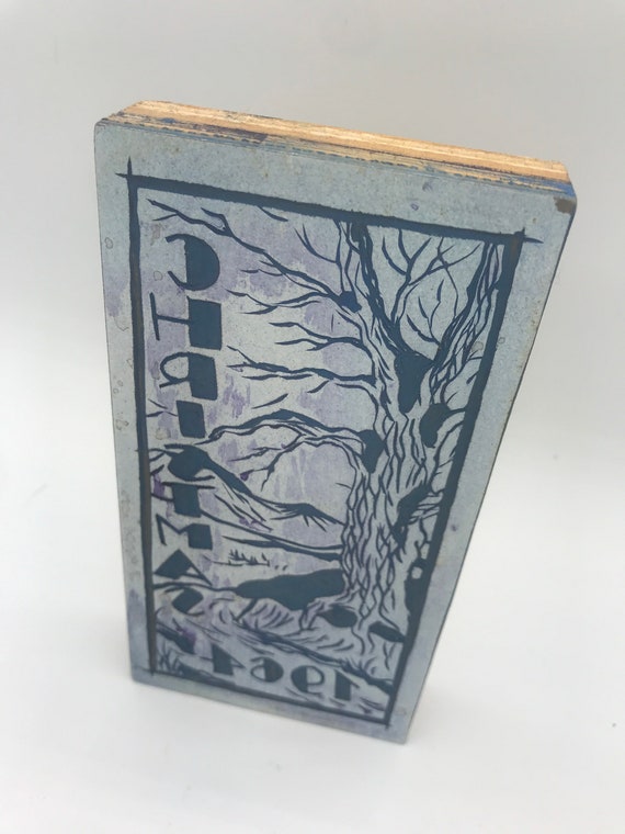Vintage Christmas Lithograph Stamp Linoleum Freehand Carving