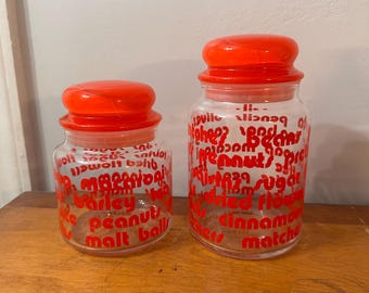 Vintage Anchor Hocking Glass Canisters, Red Typography Lids, 1970s Set
