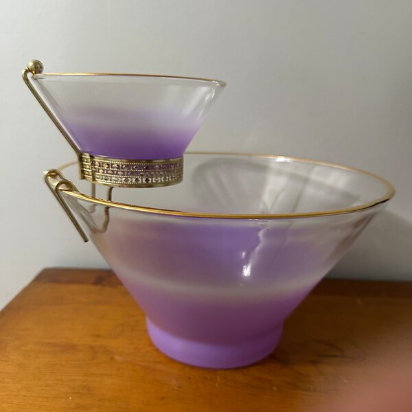 Vintage Atomic Mid Century Modern Chip Dip Glass Bowl Set Gold purple