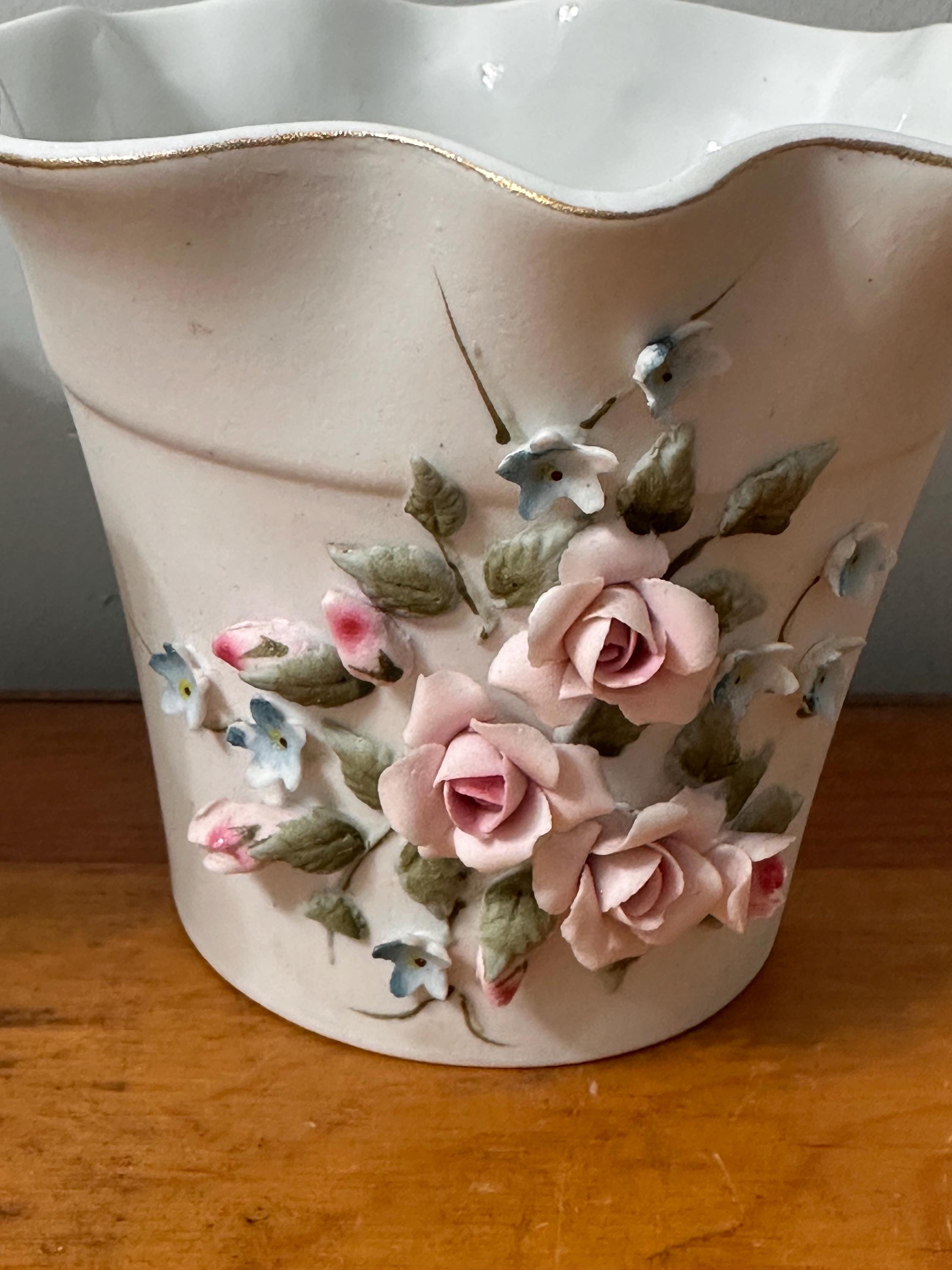 Lefton China Roses Vintage 2 Lefton China Hand Painted Pink Raised Roses Flowerpot Vase ...