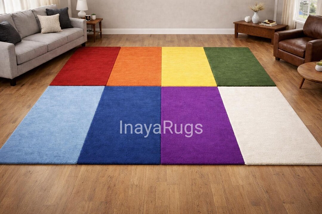 Color Block Area Rug, Modern Rainbow Patchwork Rug, Handmade Tufted ...