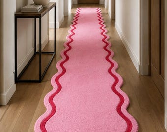 Pink Wavy Runner Rug, Hand Tufted Wool Hallway Runner, Scalloped Runner Rug, Modern Entryway Carpet, Custom Long Runner