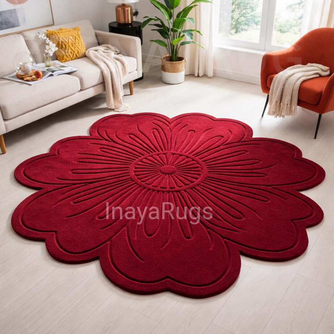 Red Flower Shaped Rug, Large Floral Area Rug, Petal Shape Carpet ...
